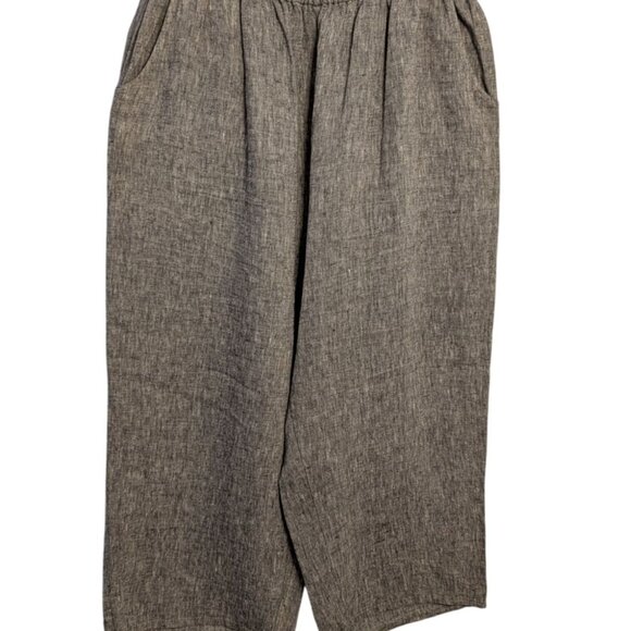 Flax Pants - Flax Womens Generous 1G Gray Linen Elastic Waist Cropped Pants Pockets